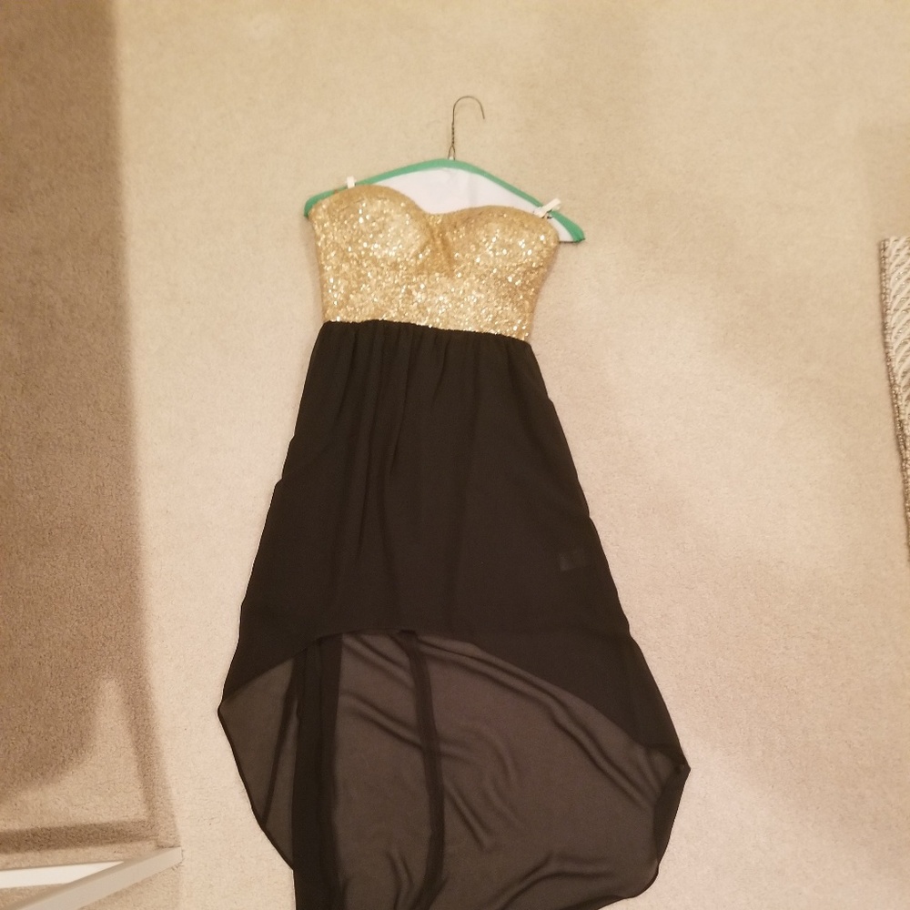 Revolve Sequin Gold and black high low dress